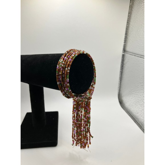 Homemade Purple White & Green Beaded Wire Cuff with Tassels Bracelet! - Picture 3 of 6